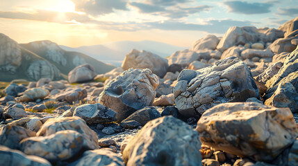 rugged texture of mountain boulders strewn across rocky slopes - obrazy, fototapety, plakaty