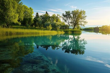 Sparkling blue-green lake, trees and grasslands reflecting in the water,clear sky.