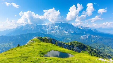A small lake high in the mountains surrounded by green meadows. Natural background. Illustration for cover, card, postcard, interior design, banner, poster, brochure or presentation. - 776365504