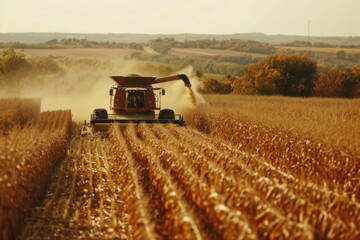 combine harvester working in a cornfield