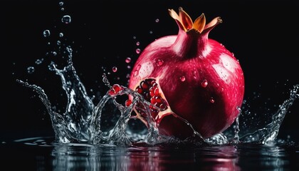 Fresh pomegranate plunging into water, creating dynamic splashes against a sleek black backdrop, a burst of juicy vibrancy.
