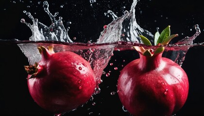 Fresh pomegranate plunging into water, creating dynamic splashes against a sleek black backdrop, a burst of juicy vibrancy.