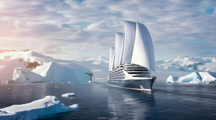 A sleek cruise liner sailing past towering icebergs in the pristine waters of the Arctic Ocean, with snow-capped mountains in the distance.
