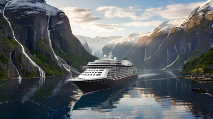 A sleek cruise ship navigating its way through a narrow fjord surrounded by towering cliffs and cascading waterfalls.