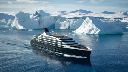  A sleek cruise liner sailing past towering icebergs in the pristine waters of the Arctic Ocean, with snow-capped mountains in the distance.