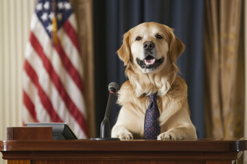 A golden retriever dog dressed in a suit and tie stands at a podium with a microphone, an American flag backdrop.