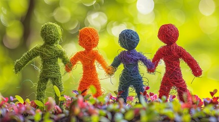 Composition of four colorful faceless dolls holding hands and standing in the forest. The toys are made by winding threads. Handmade. The concept of equality, unity and friendship. Illustration.