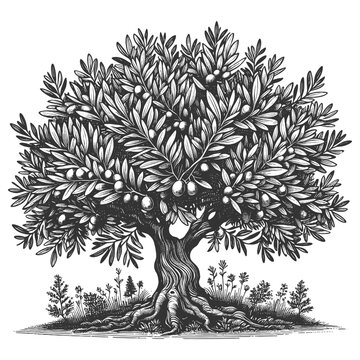 olive tree full of ripe olives, set in a serene landscape with intricate root system and foliage sketch engraving generative ai vector illustration. Scratch board imitation. Black and white image.