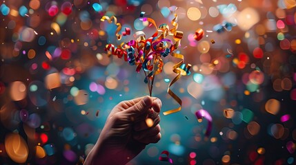 Person holding a liquid confetti stick at an electric blue event - obrazy, fototapety, plakaty
