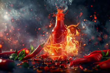 A bottle of hot sauce with flames and chili peppers around it. - obrazy, fototapety, plakaty