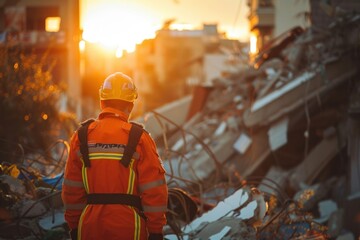A rescue worker in a bright orange uniform surveys the aftermath of a building collapse