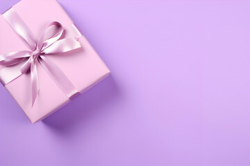 Pink gift box with bow on purple background. Top view with copy space