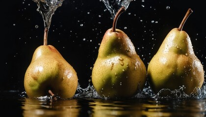 Fresh pears plunging into water, creating dynamic splashes against a sleek black backdrop, a celebration of crisp sweetness - obrazy, fototapety, plakaty