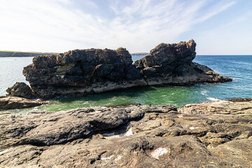 Padstow Cornwall, UK. Landscape on a sunny April day. Beautiful view of the mountains and ocean.