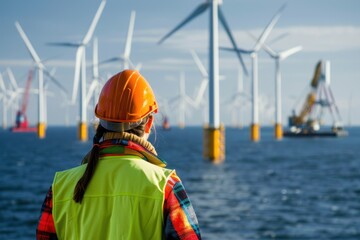 An engineer looks at an offshore wind farm in the sea - obrazy, fototapety, plakaty