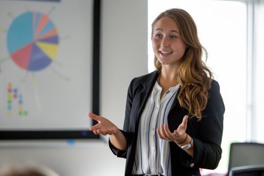 An attractive young businesswoman is giving a presentation in an office room
