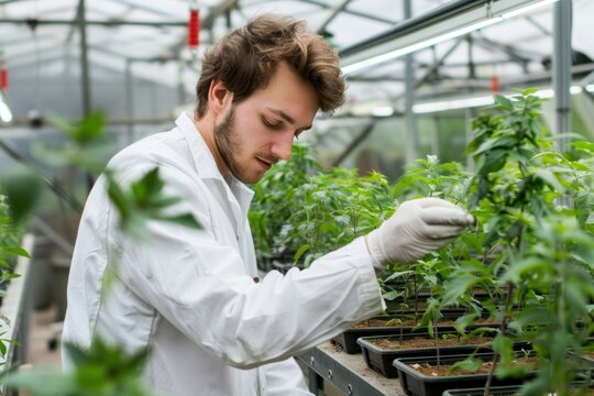 An intrigued researcher analyzing plant growth in a greenhouse