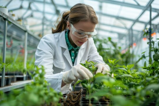 An intrigued researcher analyzing plant growth in a greenhouse