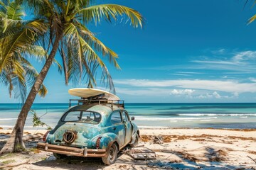 An old car parked on a tropical beach with a surfboard on the roof