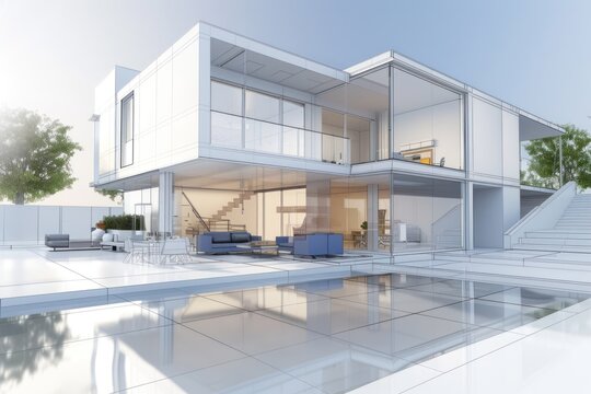 Architectural rendering of a modern two-story house with transparent walls, showcasing the interior design
