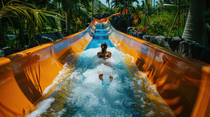 Exciting moment on a water slide with a person in a tube splashing down a vibrant orange slide surrounded by lush green tropical foliage.