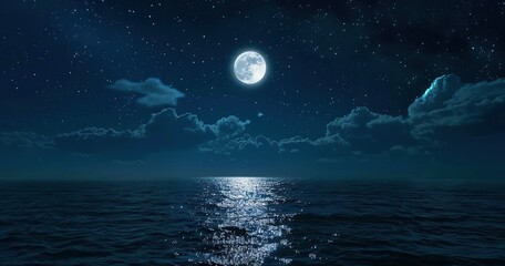realistic night sky with moon above the sea, rule of thirds composition