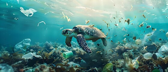 Obraz na płótnie Canvas Sea turtle navigating through plastic pollution in ocean while mistaking debris for food. Concept Marine Pollution, Plastic Debris, Sea Turtle Conservation, Ocean Habitat, Impact of Waste
