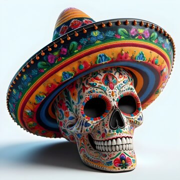 Decorative Sugar Skull with Floral Sombrero on Gradient Backdrop