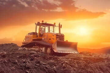 Bulldozer machine on a dirt terrain at sunset - obrazy, fototapety, plakaty