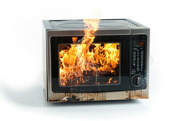 Fototapeta premium Burning microwave in the house due to a short circuit and damaged wiring Isolated on white background