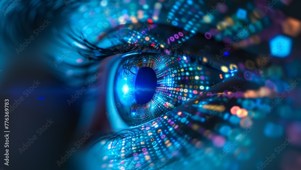 Wall mural a closeup of an eye with the iris made up entirely from glowing digital code, symbolizing vision and