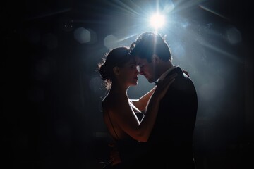 couple Dance tango in dance dark studio spot light on scene - obrazy, fototapety, plakaty