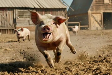 crazy pig with bulging eyes run at grains near a coop