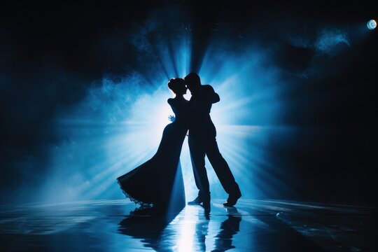 couple Dance tango in dance dark studio spot light on scene