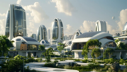 The concept of a futuristic city of the future. Houses of the future in the middle of green parks and with solar panels. - Powered by Adobe