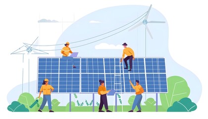 Engineers connect and configure solar power plants