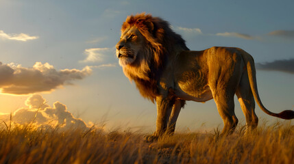 Majestic lion standing proudly on a vast savannah, golden mane blowing in the wind, under a vast azure sky
