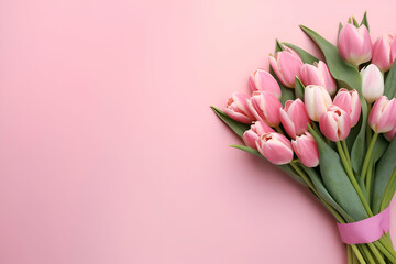 Bouquet of pink tulips on pink background. top view