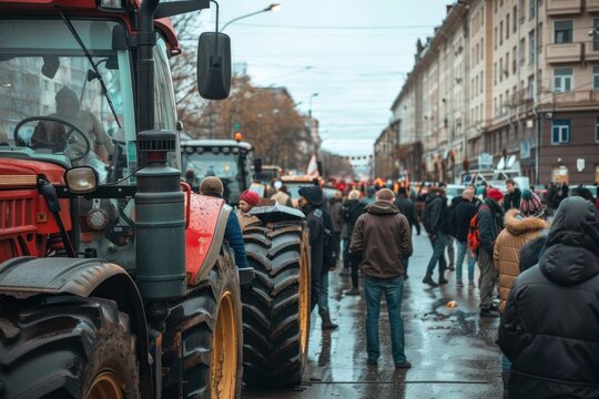 Farmers strike in city. People on strike protesting protests against tax increases, abolition of benefits
