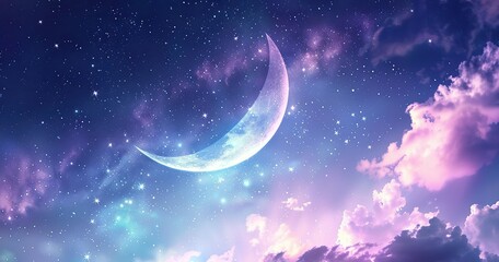 Obraz na płótnie Canvas realistic photo of a light purple blue sky and some tiny stars and a half moon, pink universe, sparkly stars, galaxy, blue, pink, dark black blue in the top