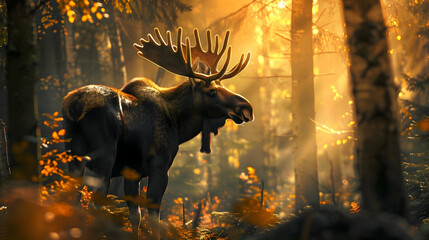 Majestic moose standing amidst serene woodland, with golden sunlight filtering through the trees