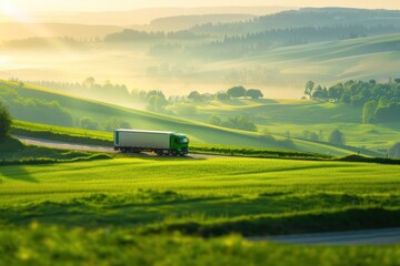 green transport truck driving through green meadow at sunrise