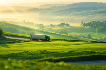 Fototapeten green transport truck driving through green meadow at sunrise © Anna