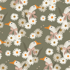 Fototapeta premium Geese seamless pattern with daisy flowers. Retro vector wallpaper. Vintage flat illustrations background 