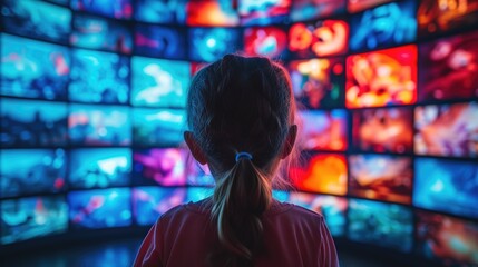 Obraz premium Child Watching Many Screens at Once Streaming Internet Video, Web Privacy and Security Concept, Digital Surrealism, Web3 Design Backdrop