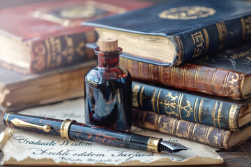 Vintage fountain pen on parchment with ink bottle, antique books stacked in background. Quill and...
