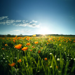 bright picture spring grass field with orange flowers