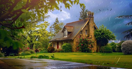 relaxing spring and a house with chimney with some drizzle of rain