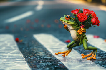 Funny frog crossing the road in spring mating season, holding red roses flower bouquet in hand, copy space on street crosswalk - obrazy, fototapety, plakaty