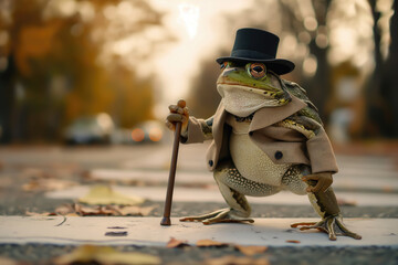 Funny toad crossing the road in spring migration, dressed as old gentleman, copy space on street crosswalk